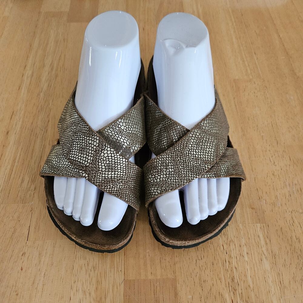 Papillio Birkenstock Daytona Snake Python Gold Comfort Slide Sandals sz 5 EU 36